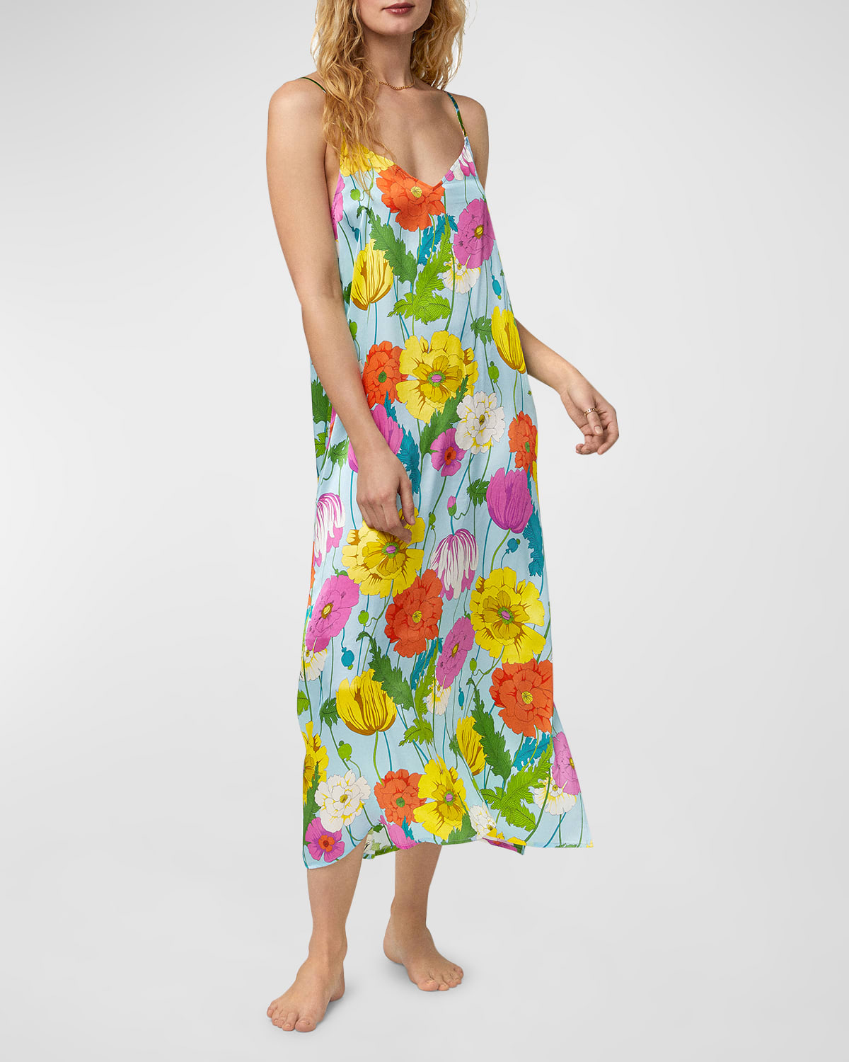 Trina Turk X Bedhead Pajamas V-neck Floral-print Satin Maxi Chemise In Sunny Blossom