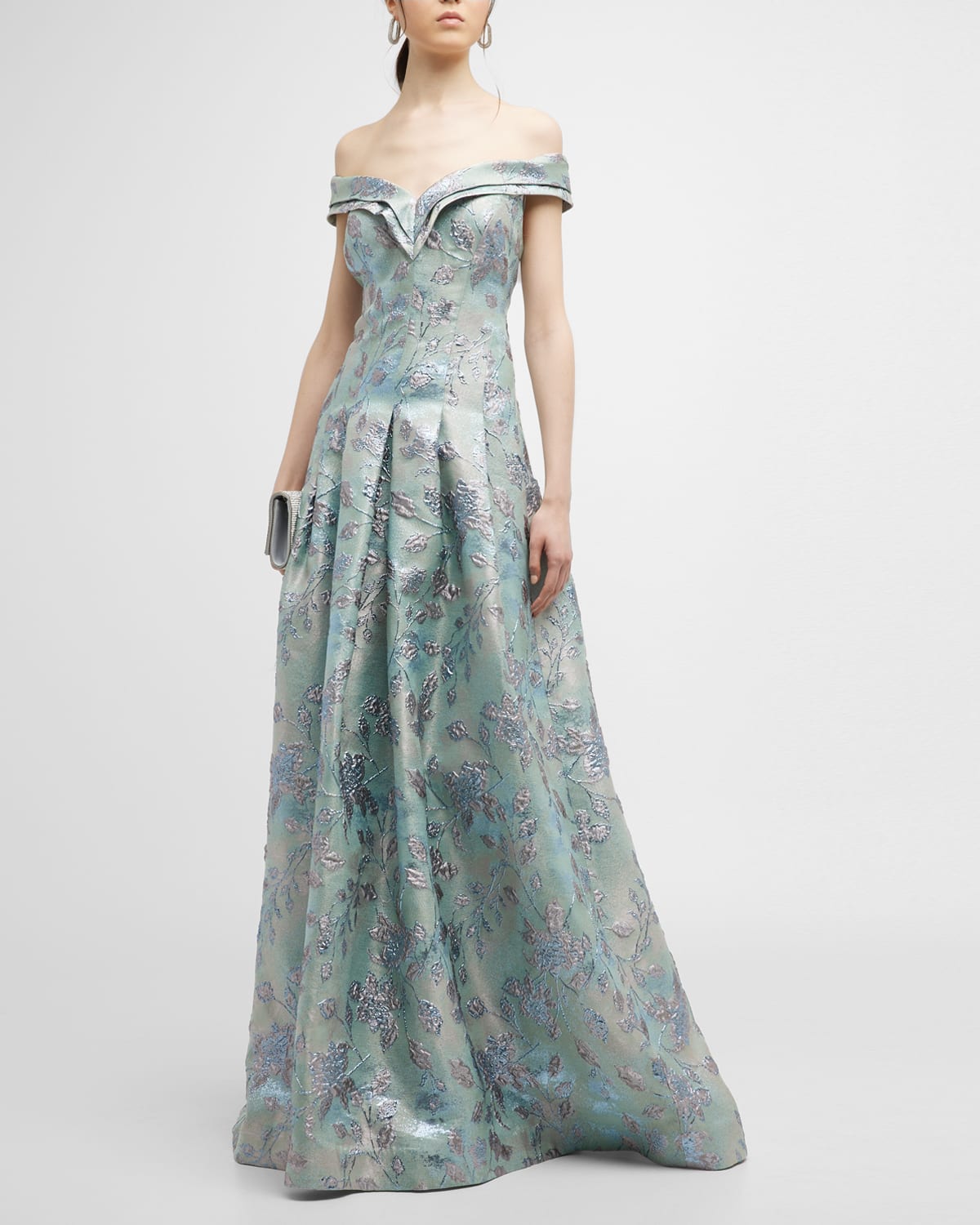 Rickie Freeman For Teri Jon Off-shoulder Box Pleat Floral Jacquard Gown ...