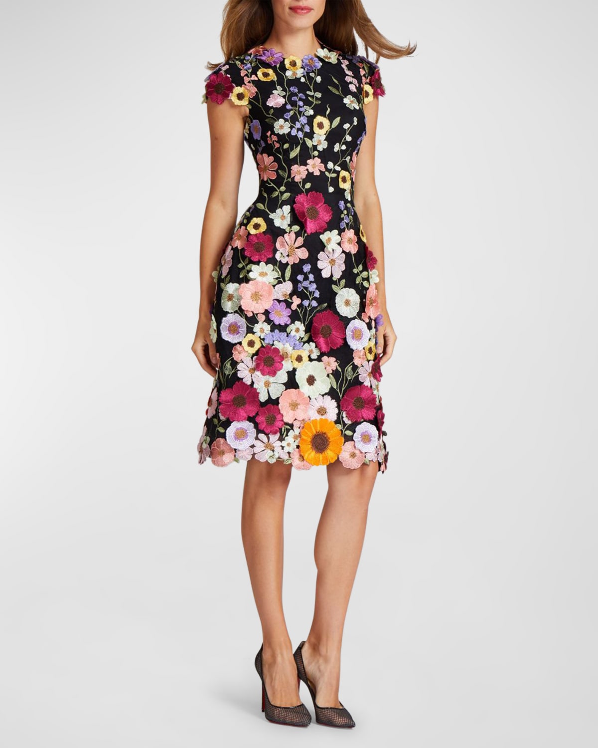Rickie Freeman For Teri Jon 3d Floral Applique Lace Knee-length Dress In Black Multi