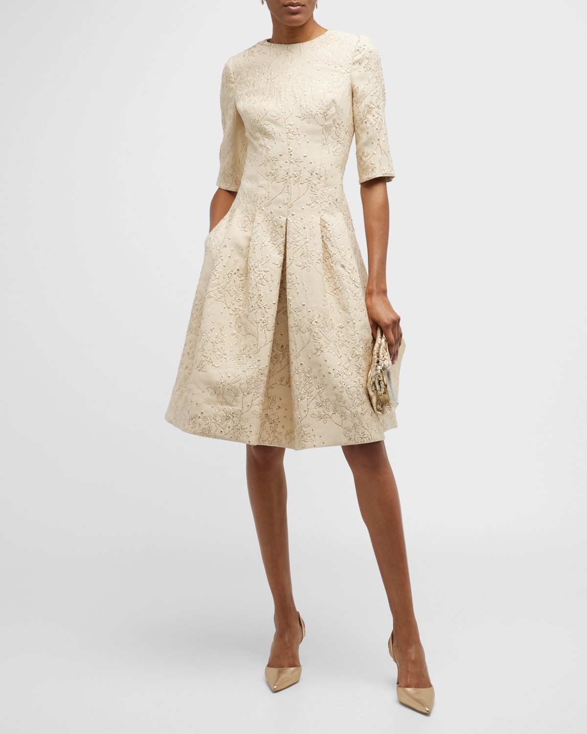 Rickie Freeman For Teri Jon Textured Branch Metallic Jacquard Cocktail Dress  In Gold