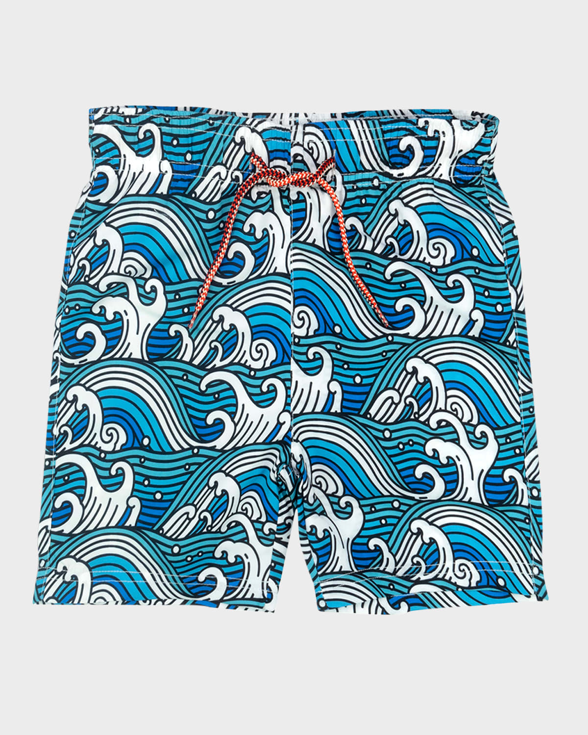 Boy's Waves-Print Mid-Length Swim Trunks, Size 2-10