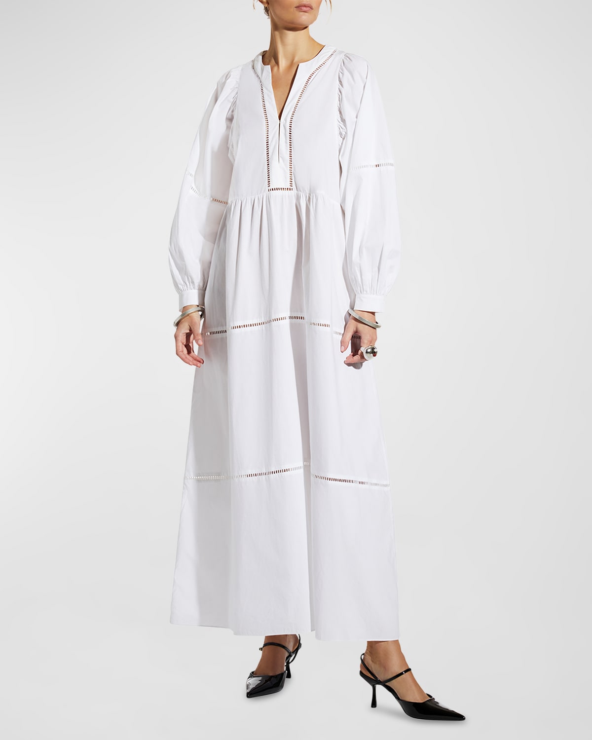 CARESTE Clare Tiered Lace-Inset Blouson-Sleeve Dress