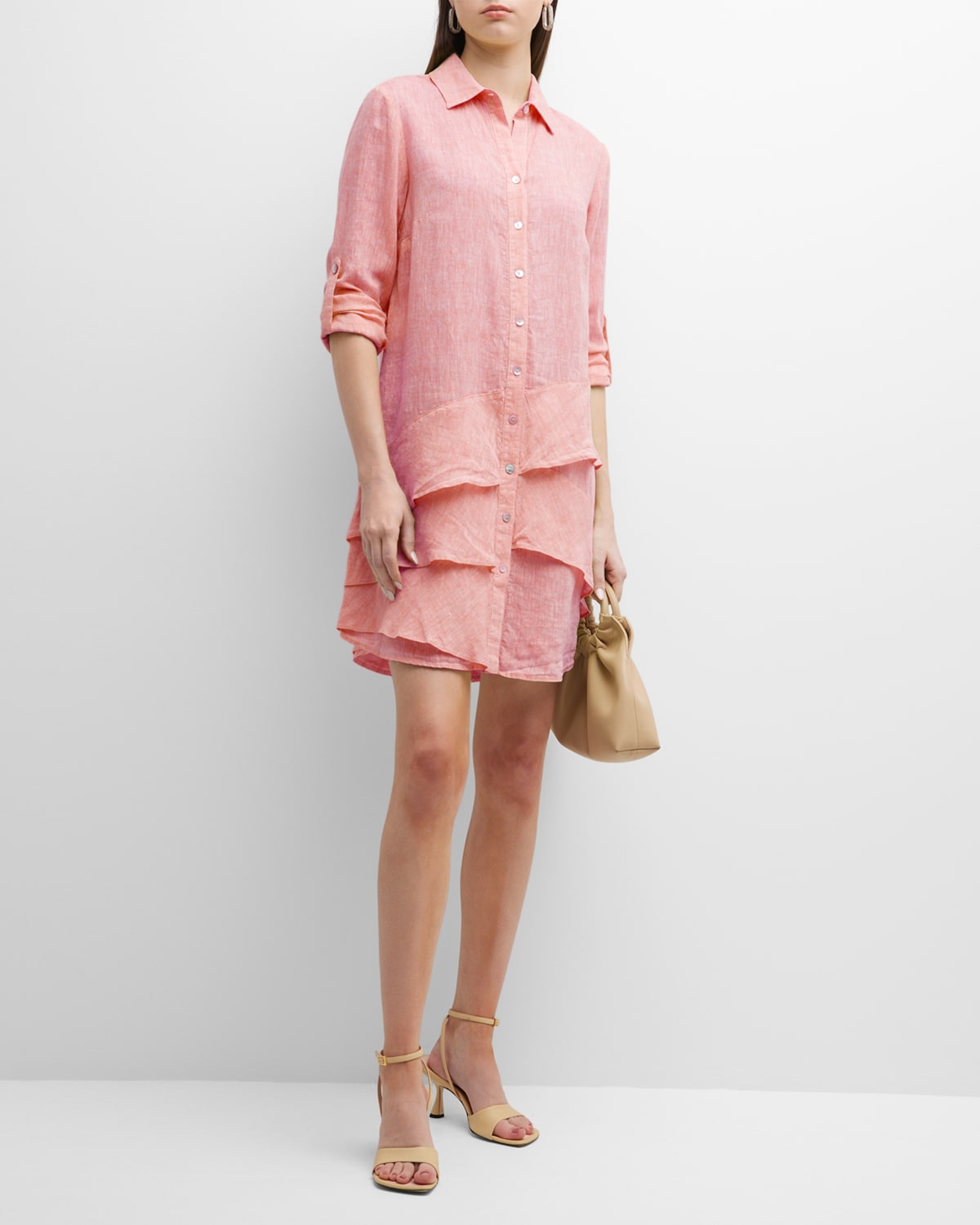Finley Jenna Ruffle-trim Linen Shirtdress In Peachy Rose