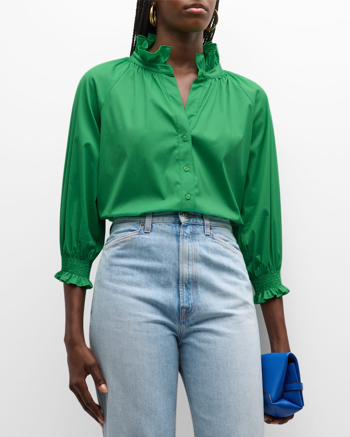 Finley Fiona Ruched Ruffle-trim Poplin Shirt In Green