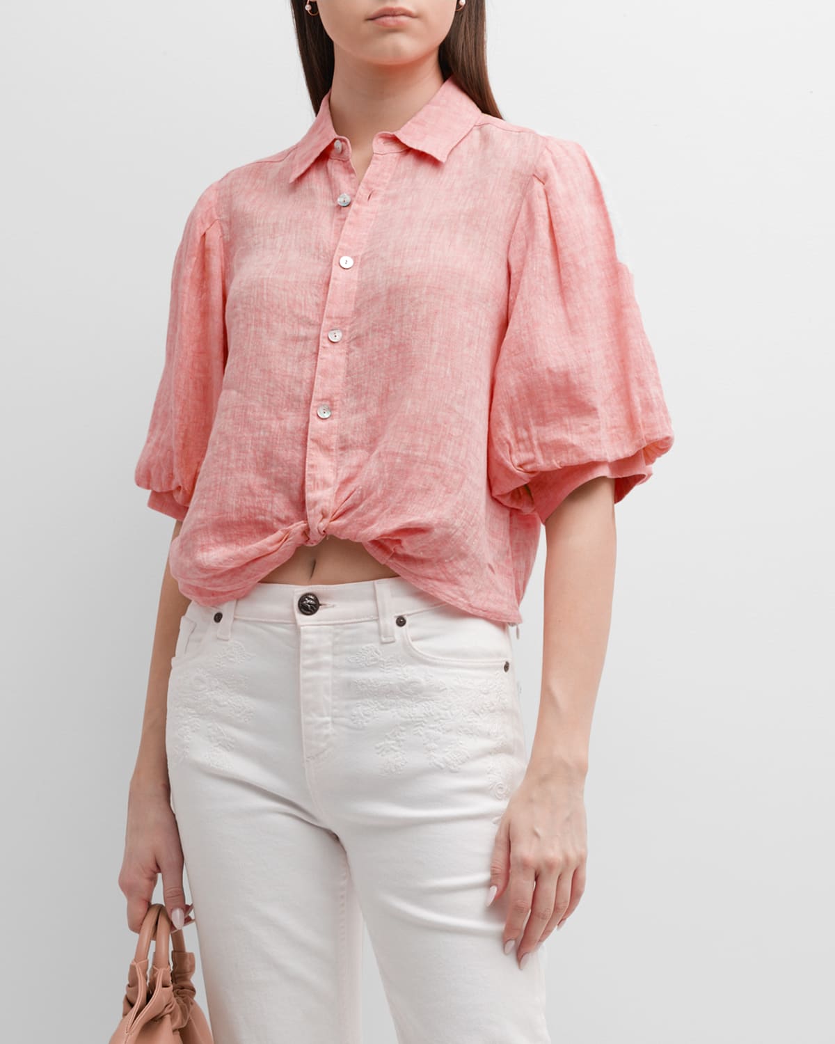 Finley Bomba Blouson-Sleeve Twist-Front Linen Shirt