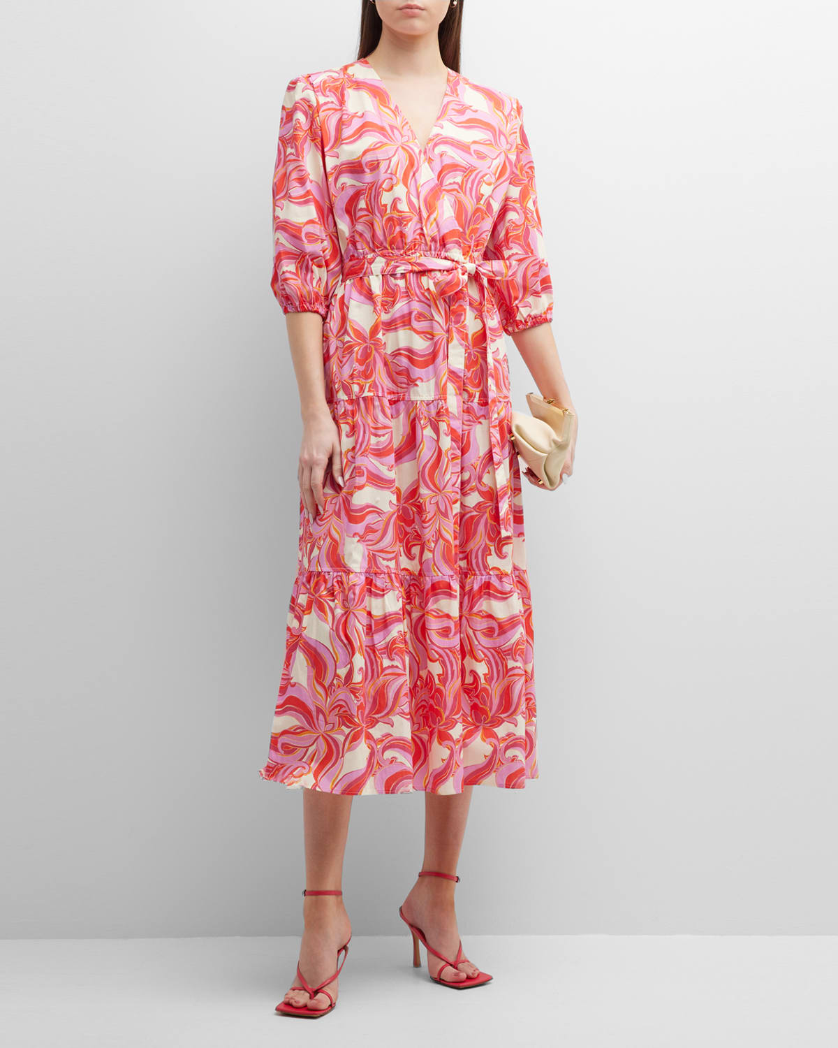 Finley Aerin Tiered Abstract-print Cotton Midi Dress In Pink Orange