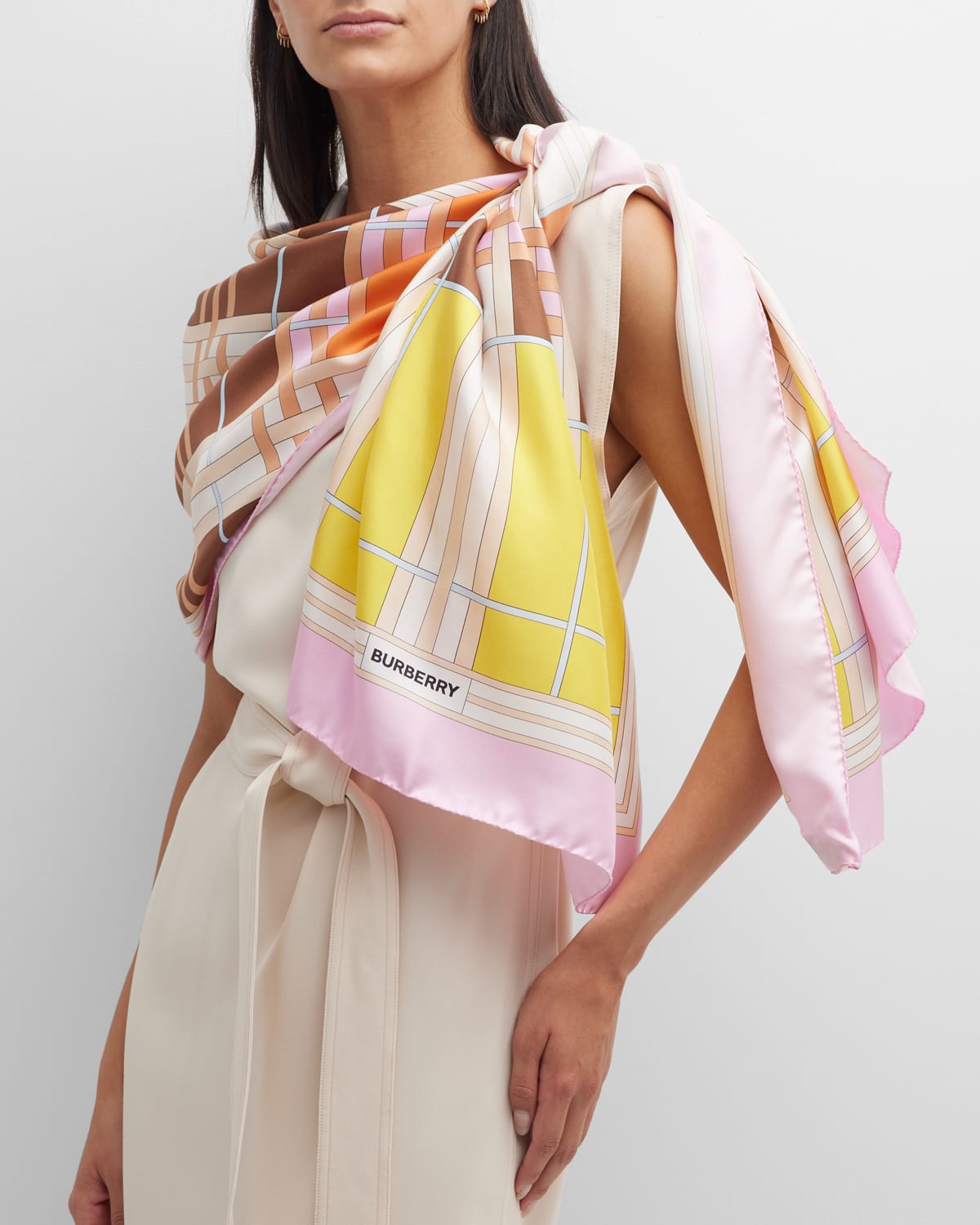 Burberry Abstract Check Print Silk Scarf In Candy Pink