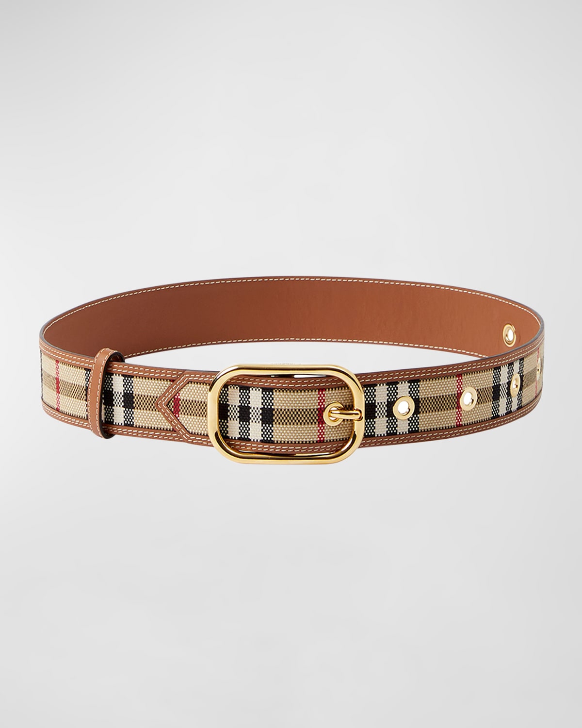 Burberry Check Cotton & Leather Belt In Vintage Check Gol