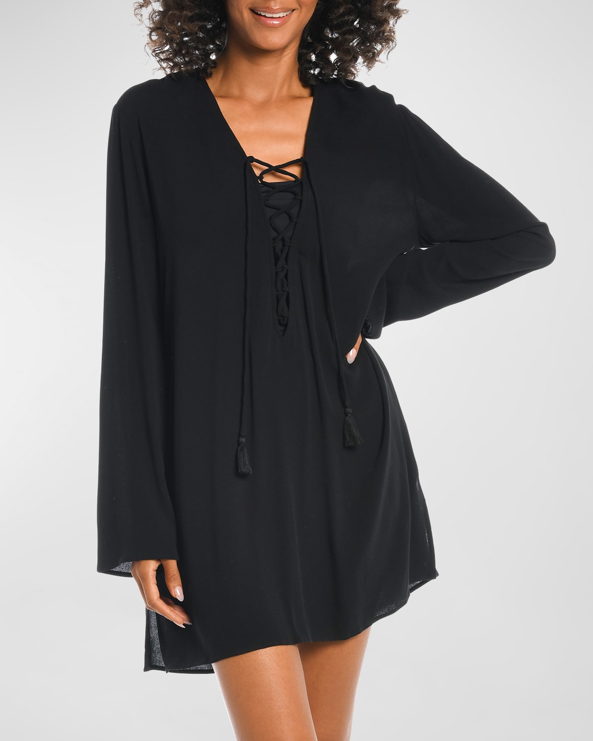 La Blanca Lace-up V-neck Tunic Coverup In Black