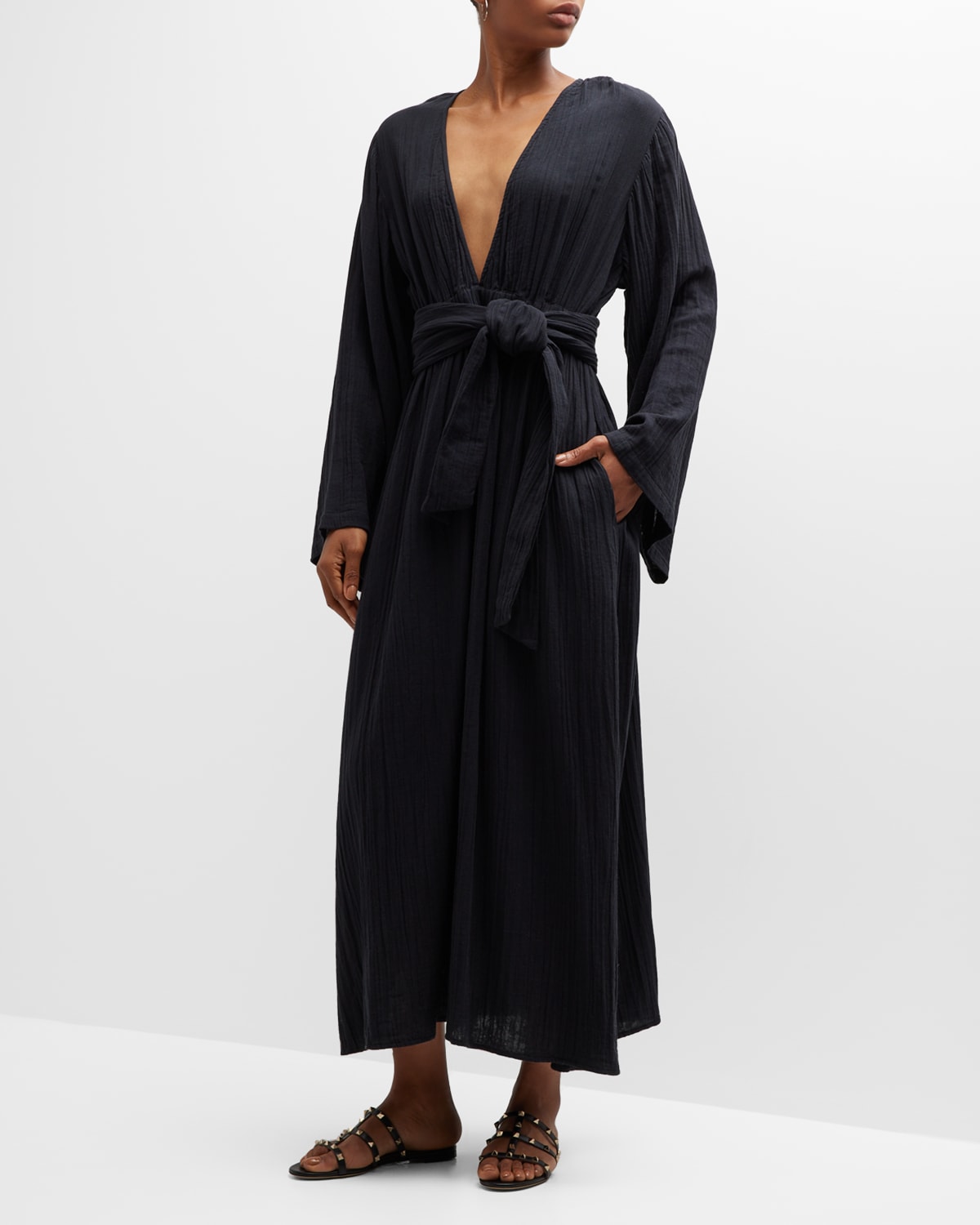 Shop Mara Hoffman Blair Belted Long-sleeve Midi Dress In Black