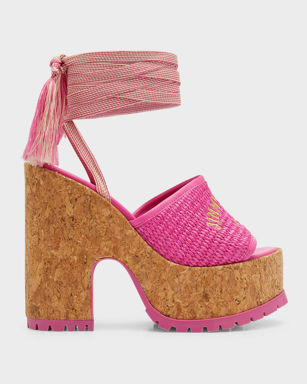 Shop Jimmy Choo Gal Raffia Cork Ankle-tie Platform Sandals In Fuchsia Gold