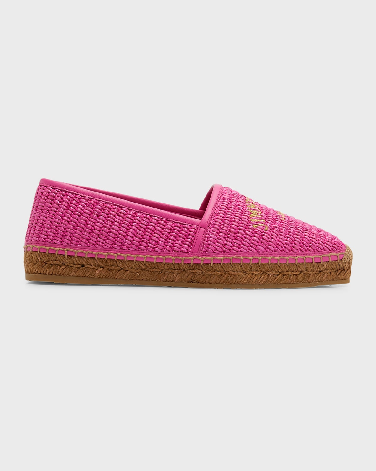 Jimmy Choo Brie Raffia Embroidered Logo Espadrilles In Fuchsia Gold