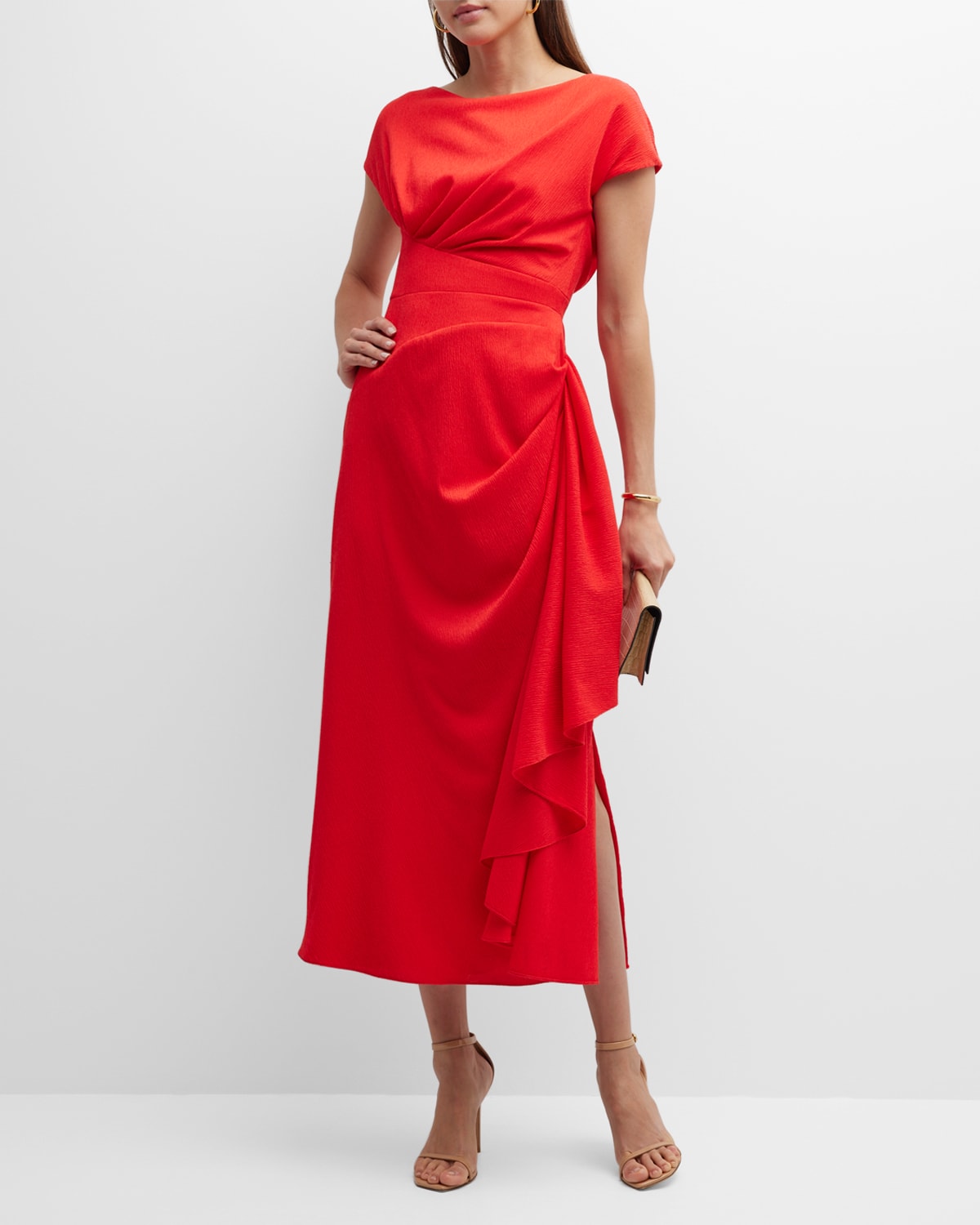 Lela Rose Side Ruched Satin-Effect Midi Dress