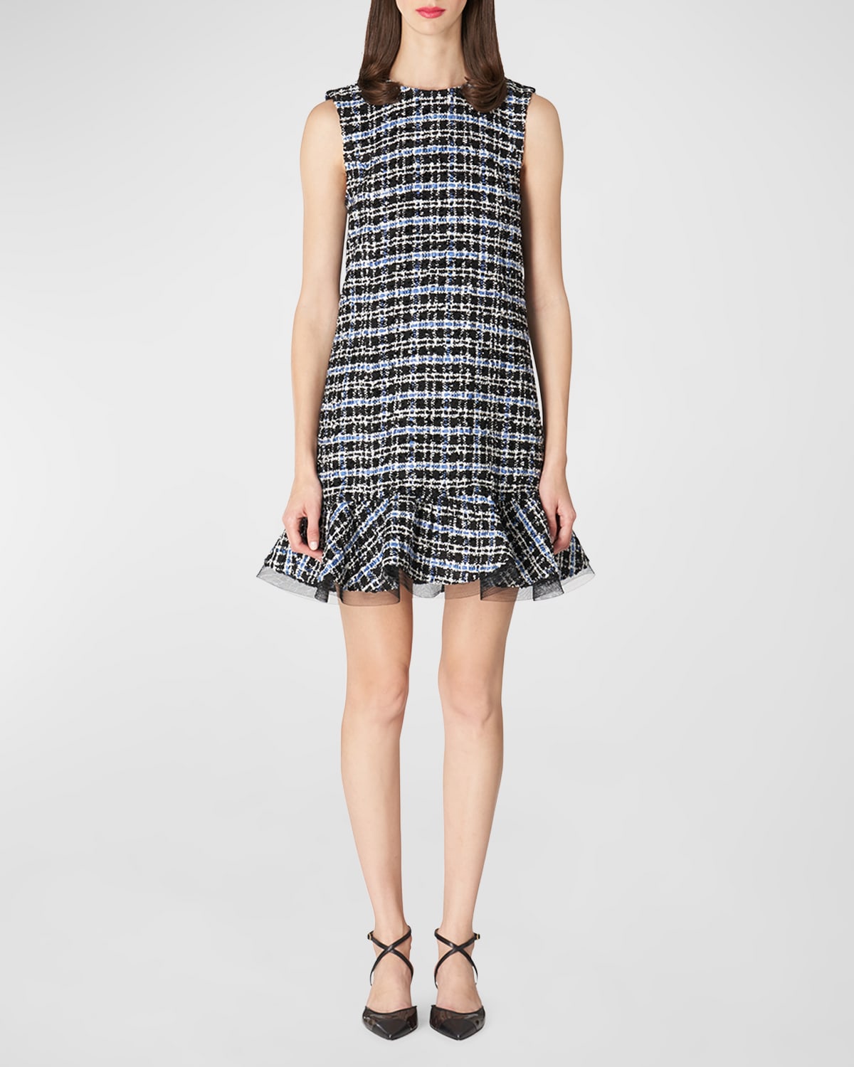 Carolina Herrera Check Tweed Ruffle-hem Sleeveless Mini Shift Dress In Bluebell Multi