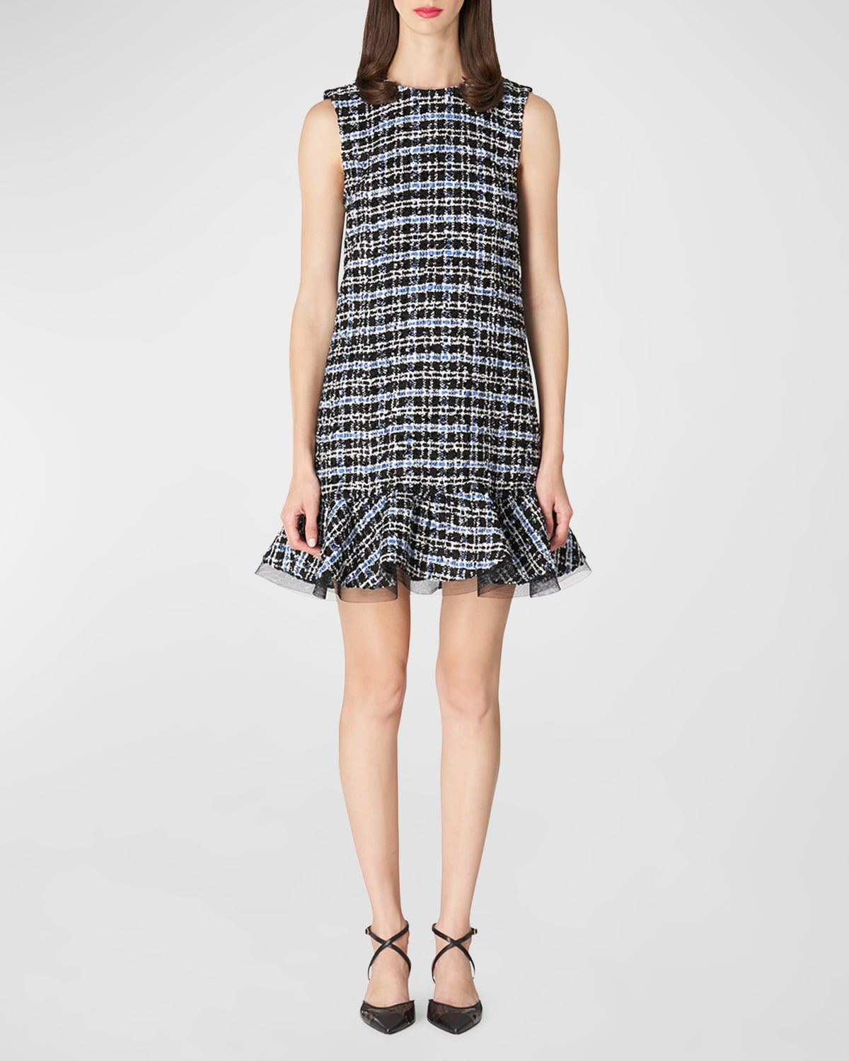 CAROLINA HERRERA CHECK TWEED RUFFLE-HEM SLEEVELESS MINI SHIFT DRESS