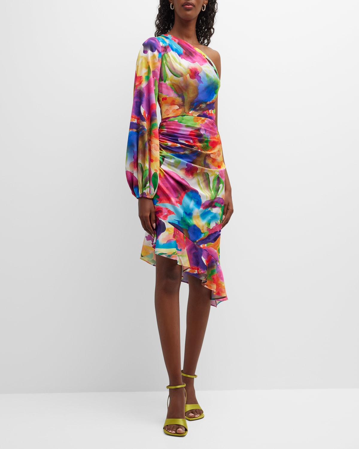 LIV FOSTER RUCHED ONE-SHOULDER ABSTRACT-PRINT MIDI DRESS
