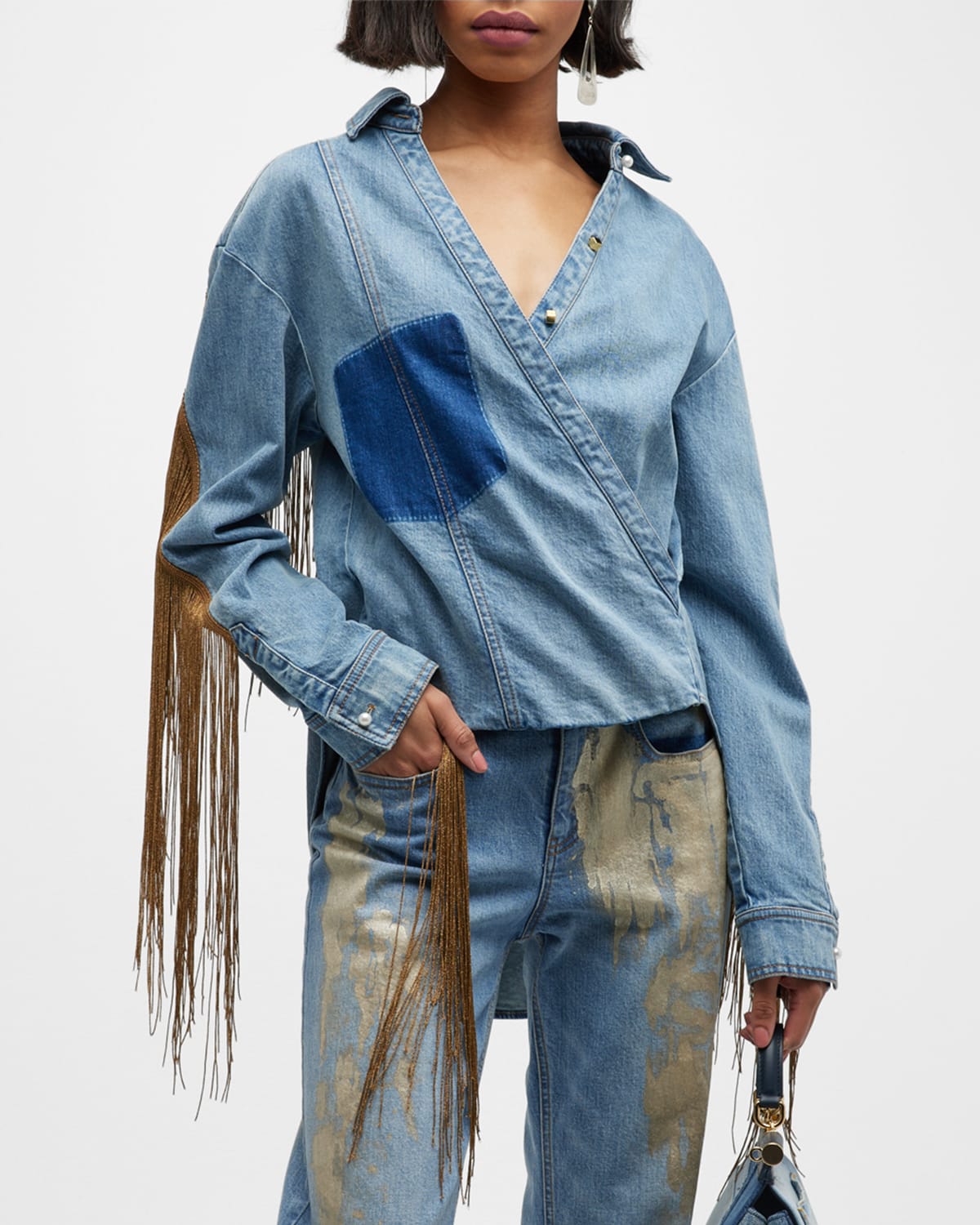 Hellessy Hicks Metallic Fringe Stretch Cotton Denim Shirt In Medium Wash