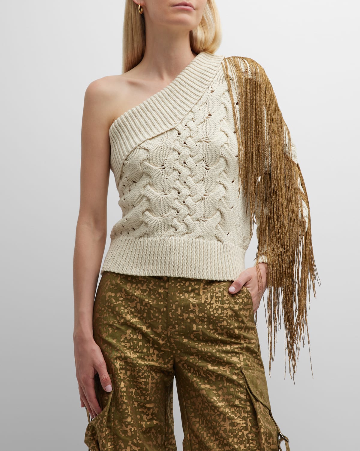 Hellessy Coco Metallic Fringe One-Shoulder Cable-Knit Sweater