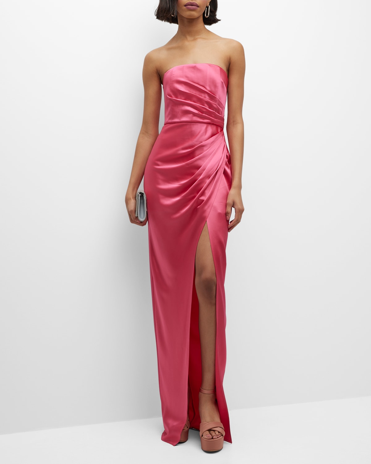 Sau Lee Priyanka Strapless Gathered Satin Slit Gown In Hot Pink