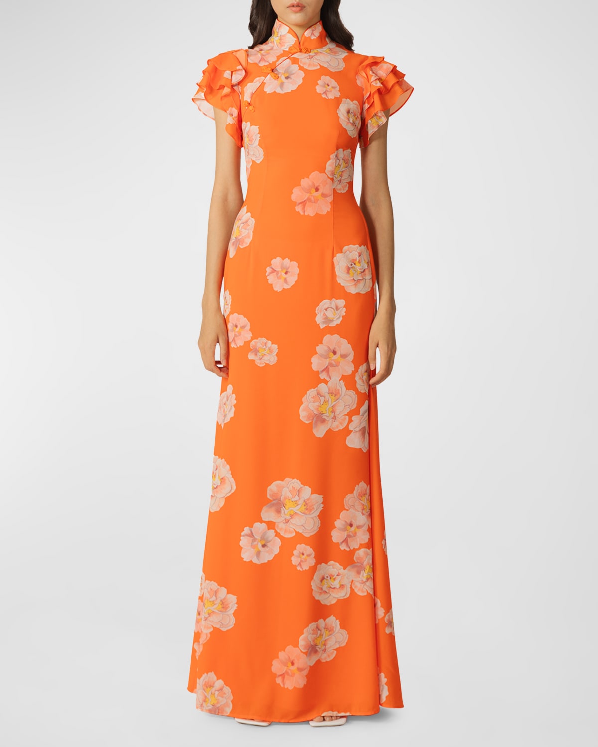 Shop Sau Lee Sylvie Mandarin-collar Floral Chiffon Maxi Dress In Orange