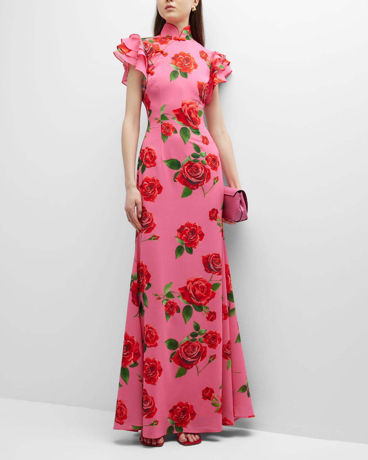 Sau Lee Sylvie Mandarincollar Floral Chiffon Maxi Dress In Pink Multi ModeSens