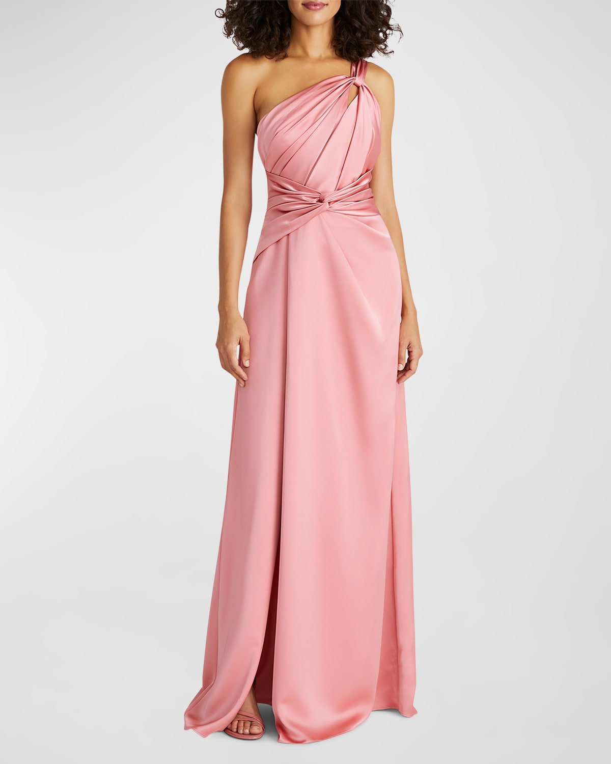 Shop Theia Gloria Pleated Twist-front One-shoulder Gown In Sugar Coral