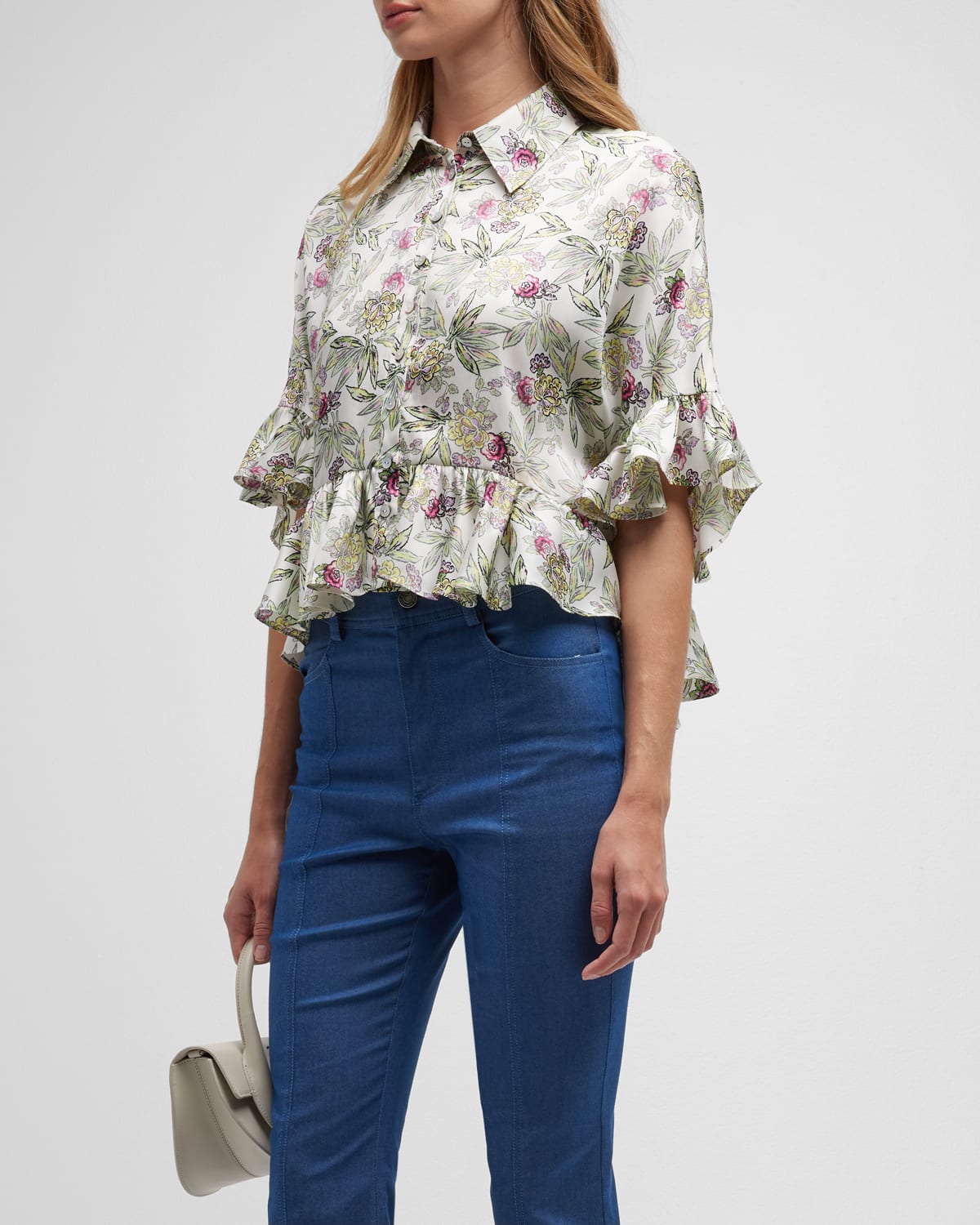 CINQ À SEPT GILLIAN FLORAL RUFFLED BUTTON-FRONT TOP