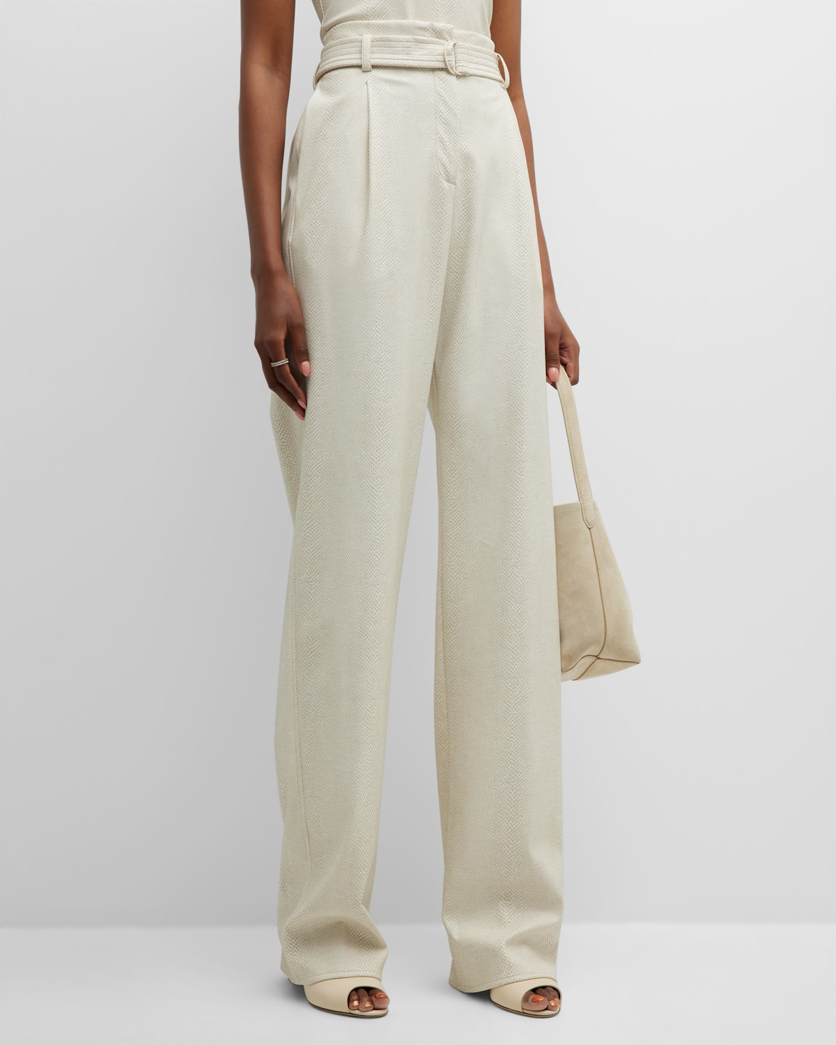 Lapointe Snake-textured Faux Leather Belted Straight-leg Pants In Cream