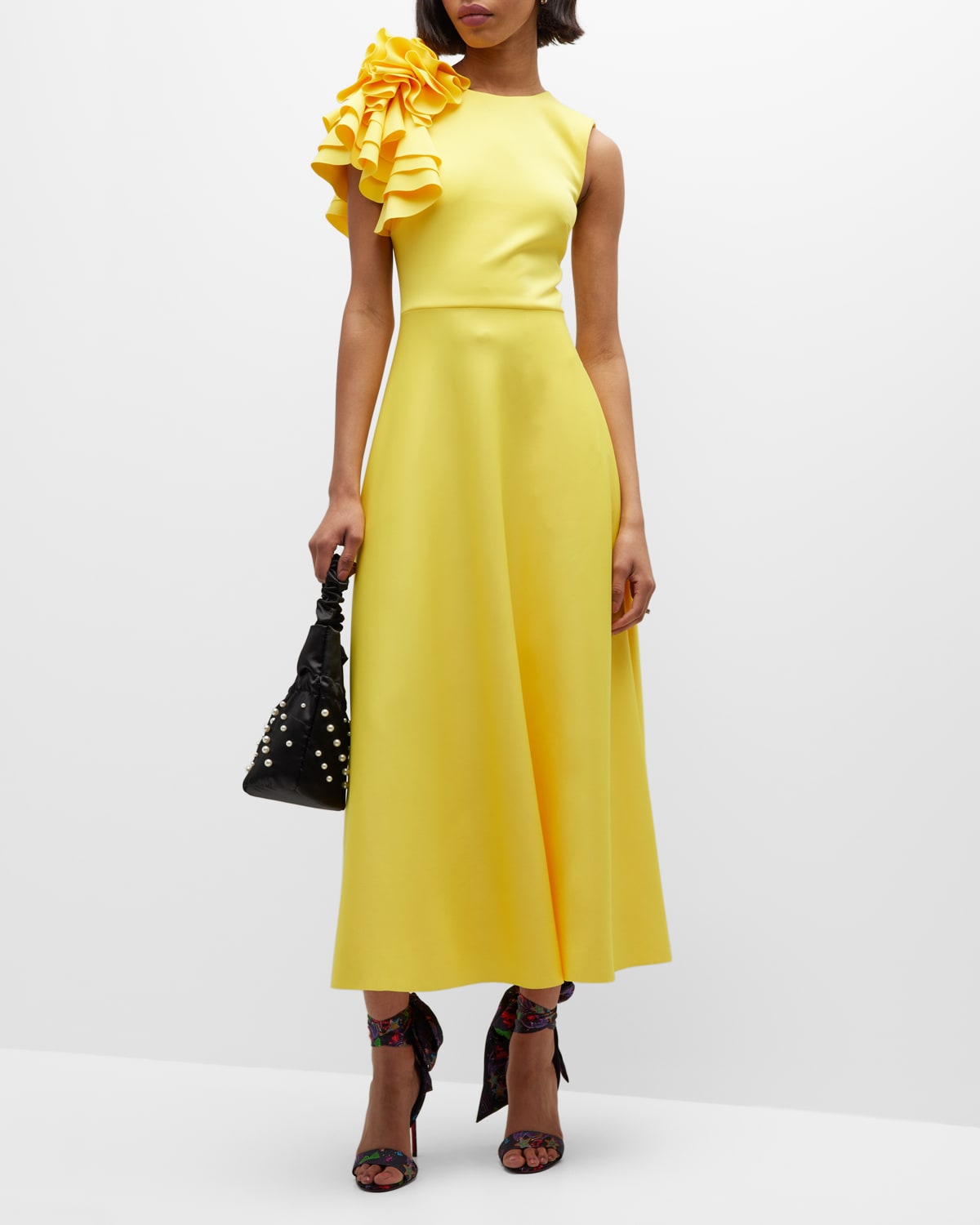 Badgley Mischka Women's Ruffle-shoulder Fit & Flare Midi-dress In Yellow