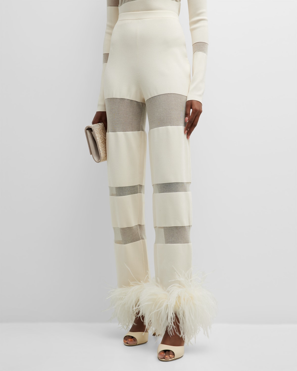 Sheer Stripe-Paneled Straight-Leg Pants with Feather-Trim
