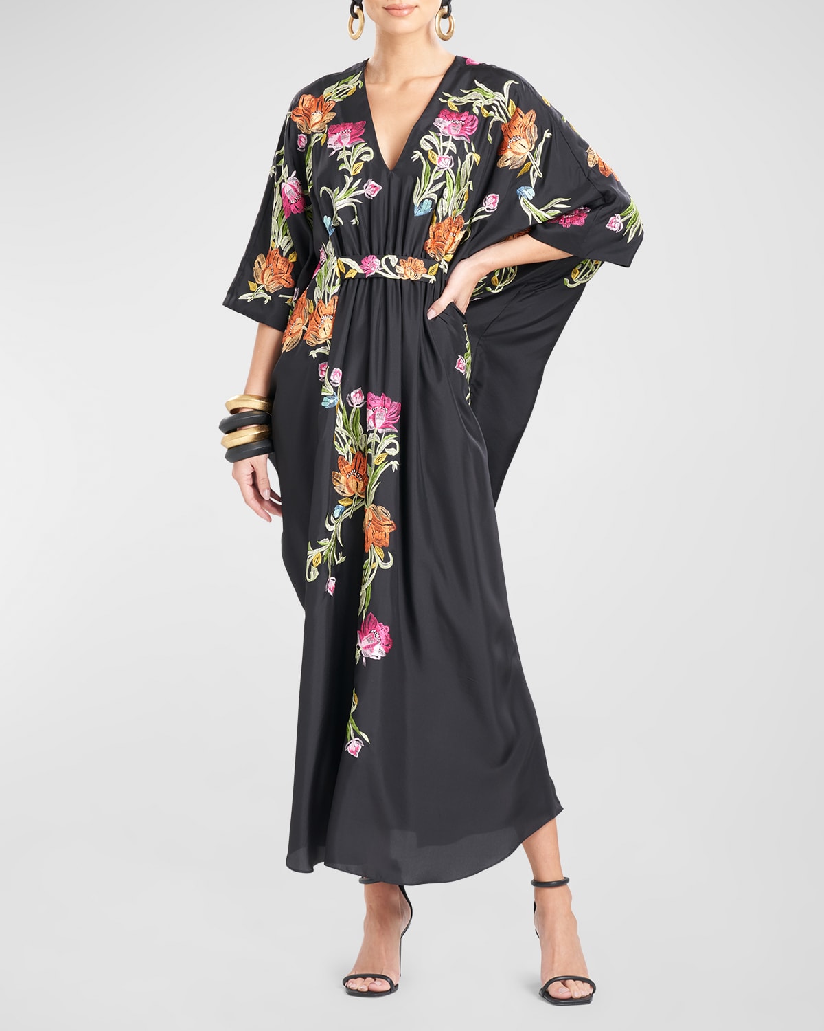 Josie Natori Shinjo Couture Floral-Embroidered Silk Caftan