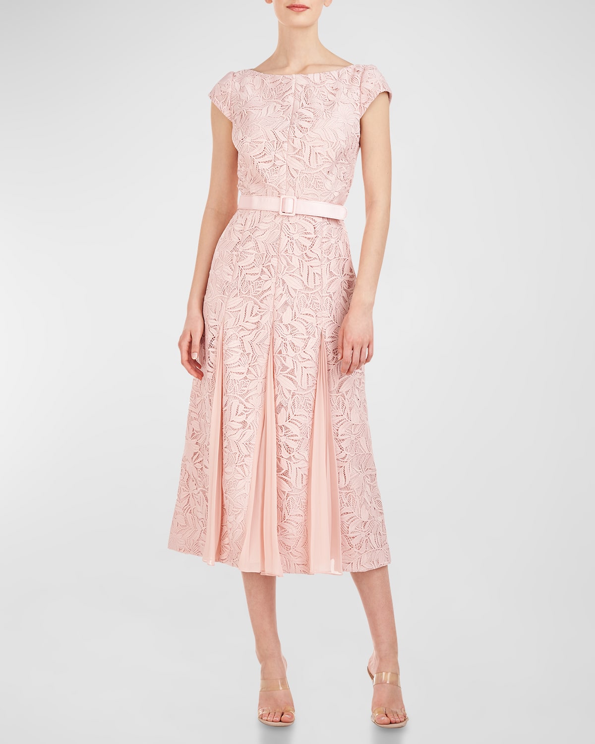 Kay Unger New York Belted Cap-Sleeve A-Line Lace Midi Dress