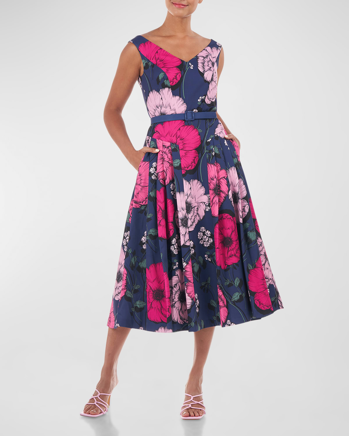Sleeveless Pleated Floral-Print Midi Dress