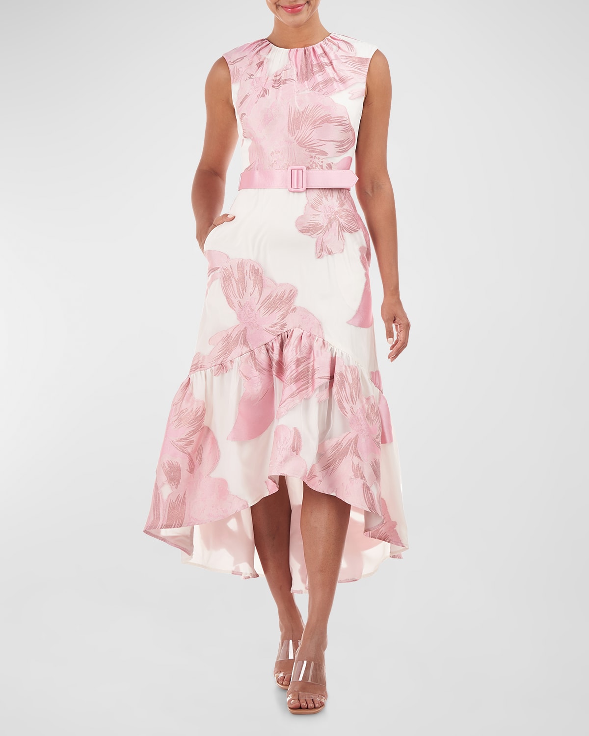 KAY UNGER HIGH-LOW BELTED FLORAL-PRINT MIDI DRESS