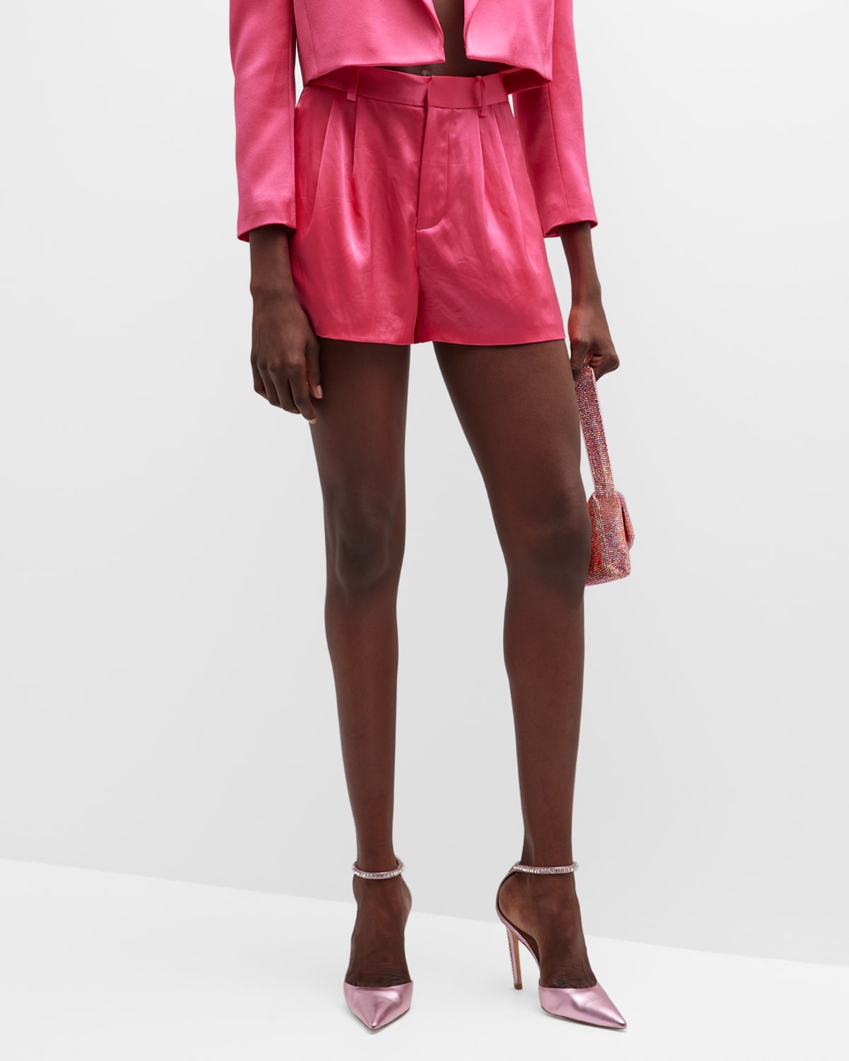 Alice And Olivia Pleat-detailing Satin-finish Shorts In Candy