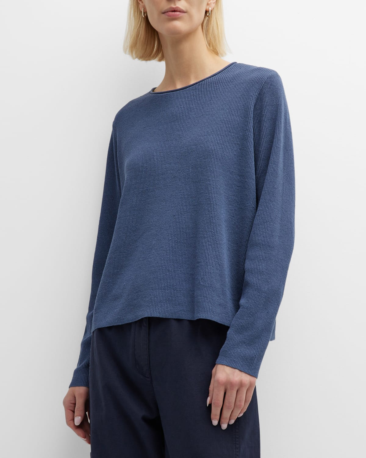 Eileen Fisher Ribbed Long-sleeve Crewneck Pullover In Dusk
