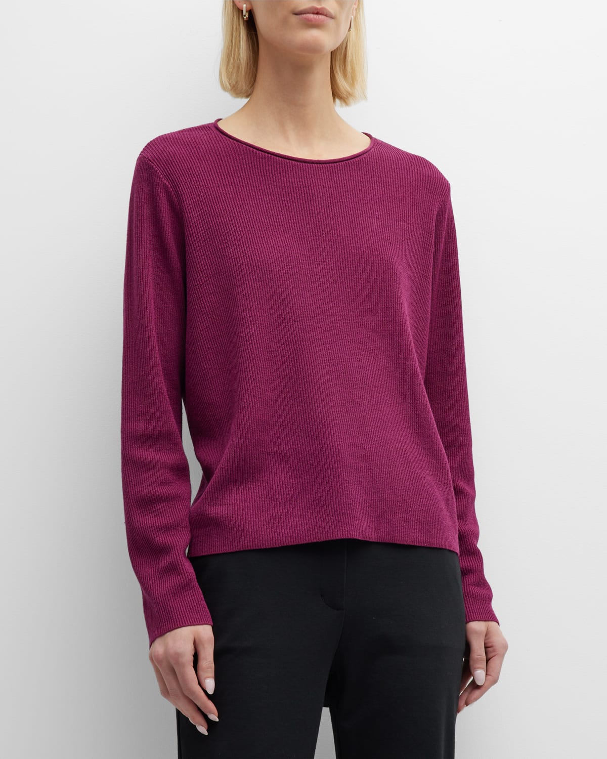 Eileen Fisher Ribbed Long-sleeve Crewneck Pullover In Rasby