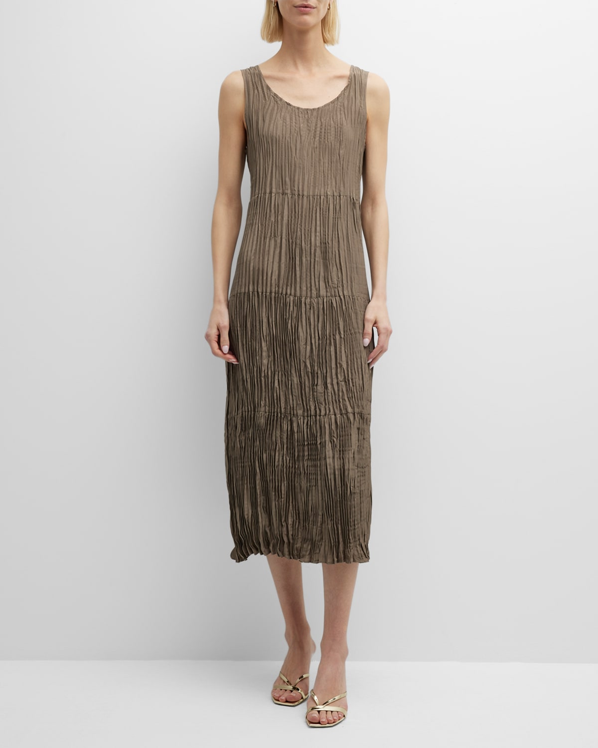 Eileen Fisher Crinkled Scoop-neck Tiered Silk Midi Dress In Cobblestone