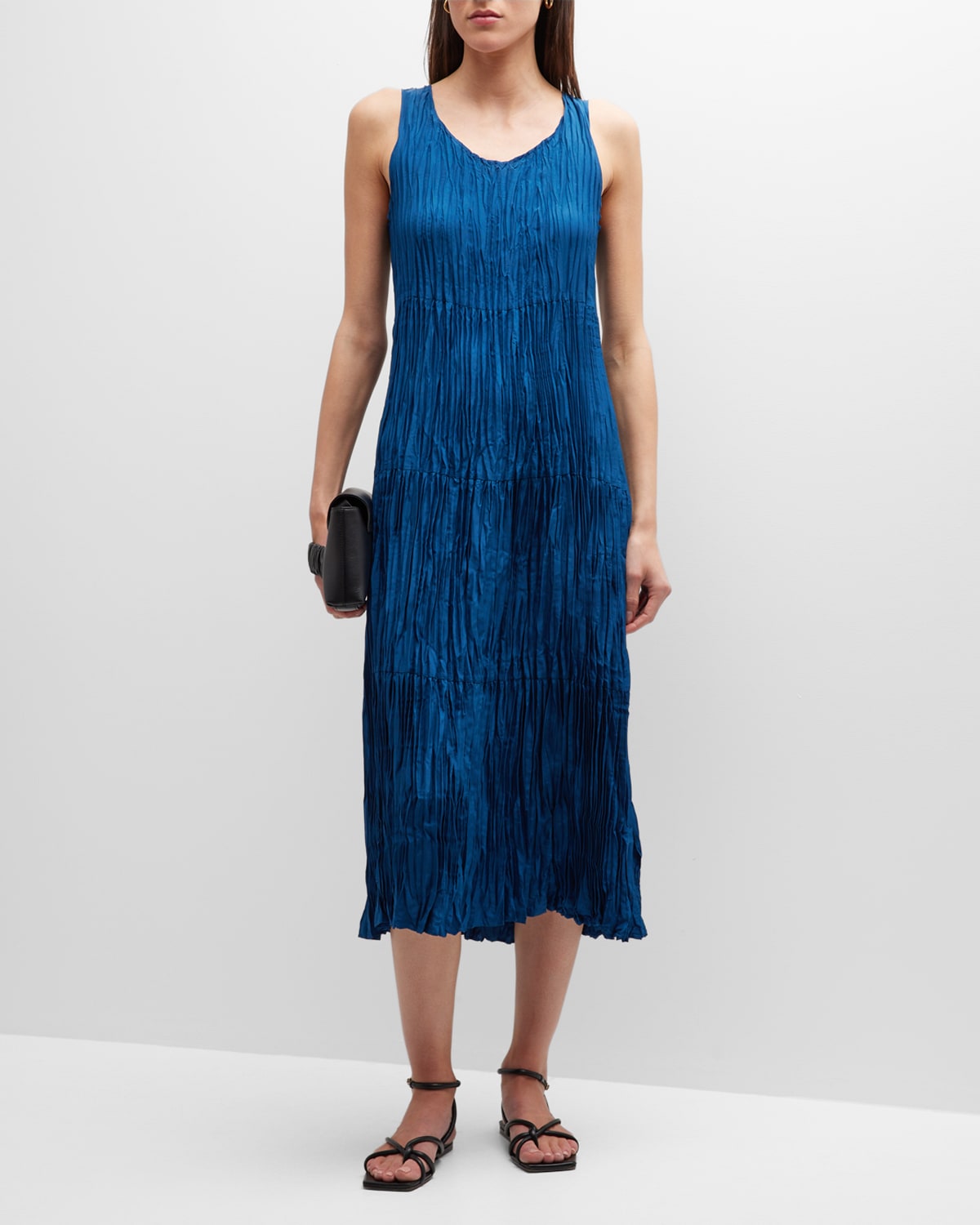 EILEEN FISHER CRINKLED SCOOP-NECK TIERED SILK MIDI DRESS