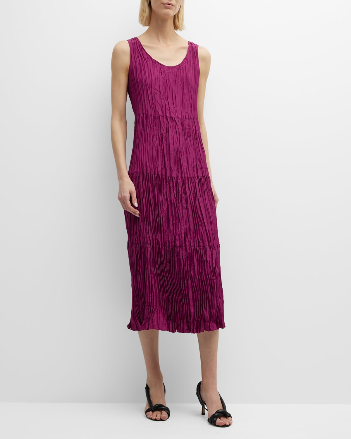 EILEEN FISHER CRINKLED SCOOP-NECK TIERED SILK MIDI DRESS