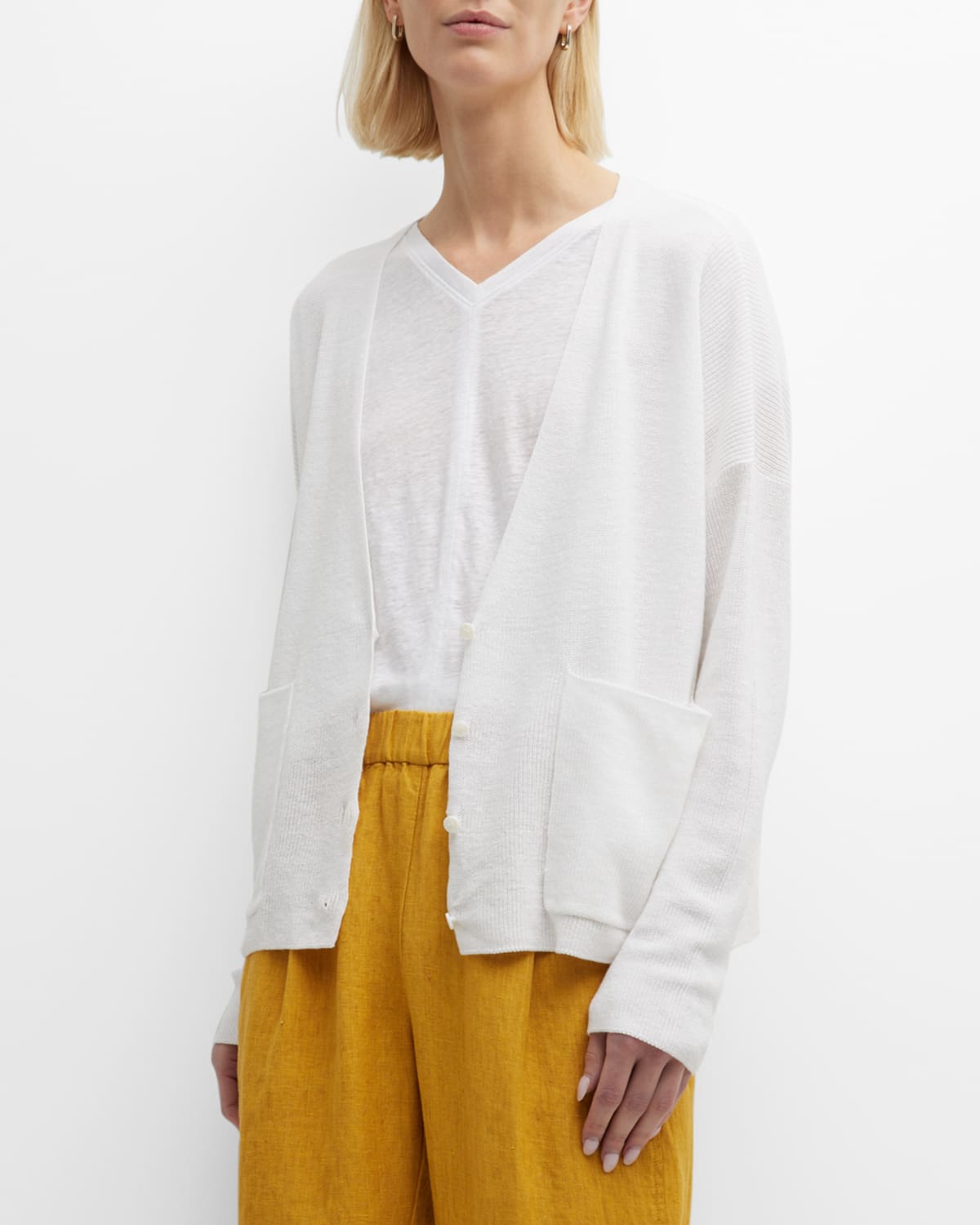 Eileen Fisher Button-down Linen-cotton Cardigan In White