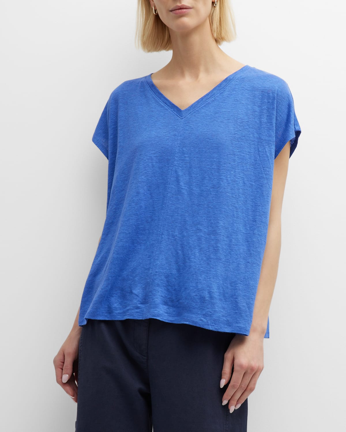 Eileen Fisher V-neck Short-sleeve Organic Linen Tee In Blue Star