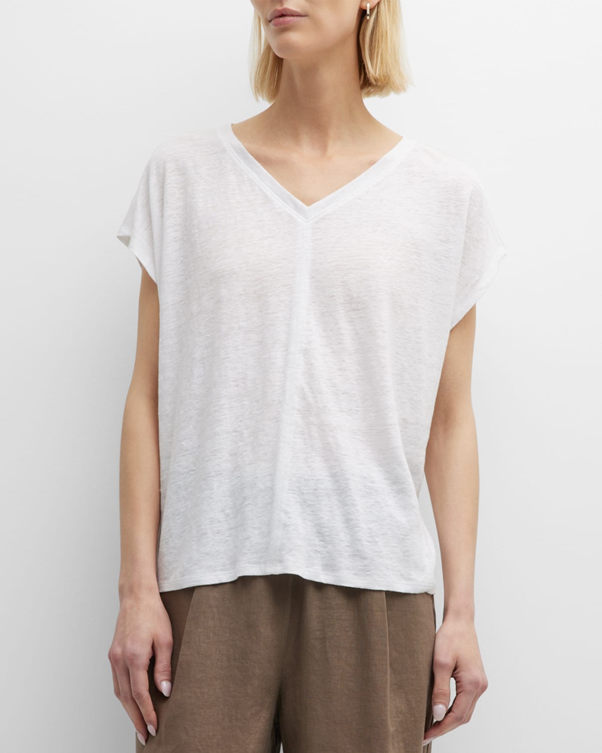 Eileen Fisher V-neck Short-sleeve Organic Linen Tee In White