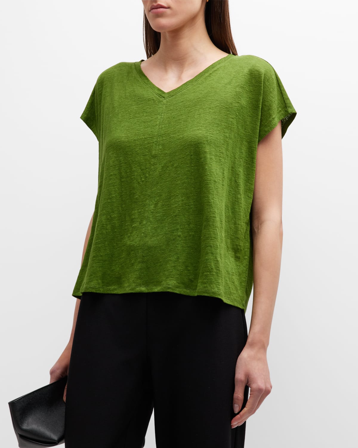 Eileen Fisher V-neck Short-sleeve Organic Linen Tee In Field