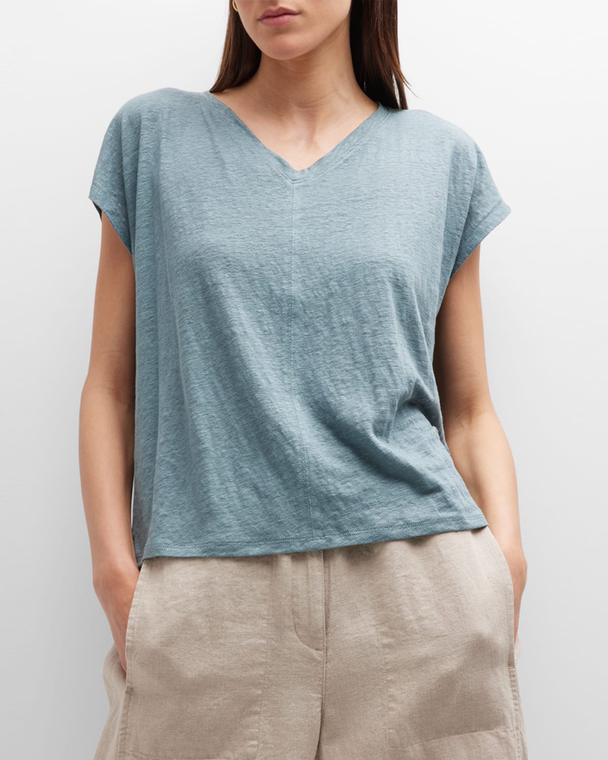 Eileen Fisher V-neck Short-sleeve Organic Linen Tee In Nile