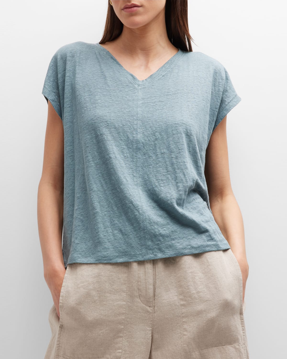 EILEEN FISHER V-NECK SHORT-SLEEVE ORGANIC LINEN TEE