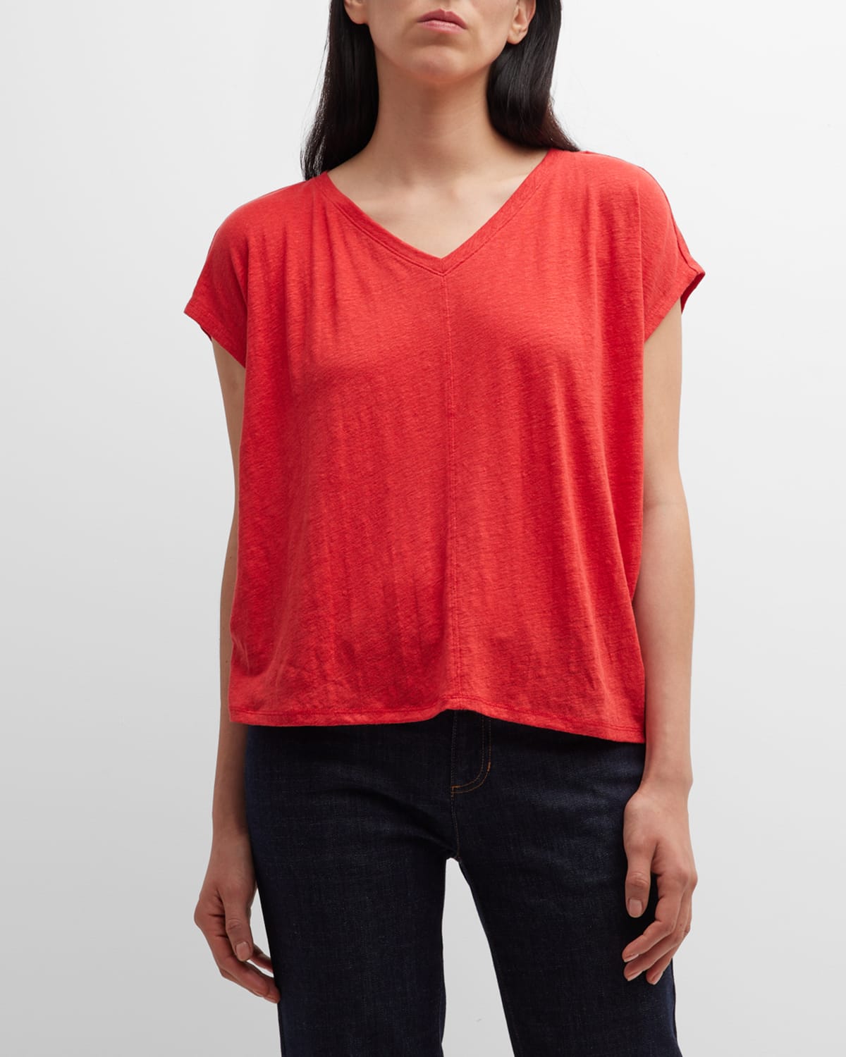 Eileen Fisher V-neck Short-sleeve Organic Linen Tee In Grenadine