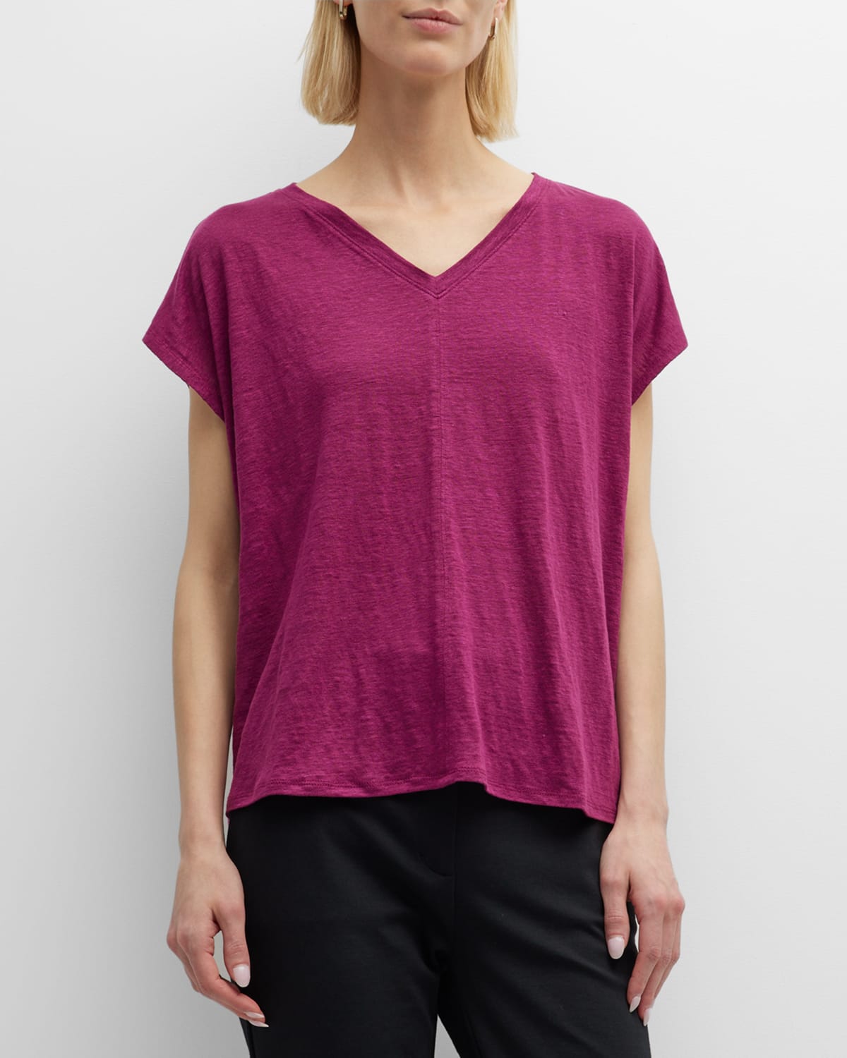 EILEEN FISHER V-NECK SHORT-SLEEVE ORGANIC LINEN TEE