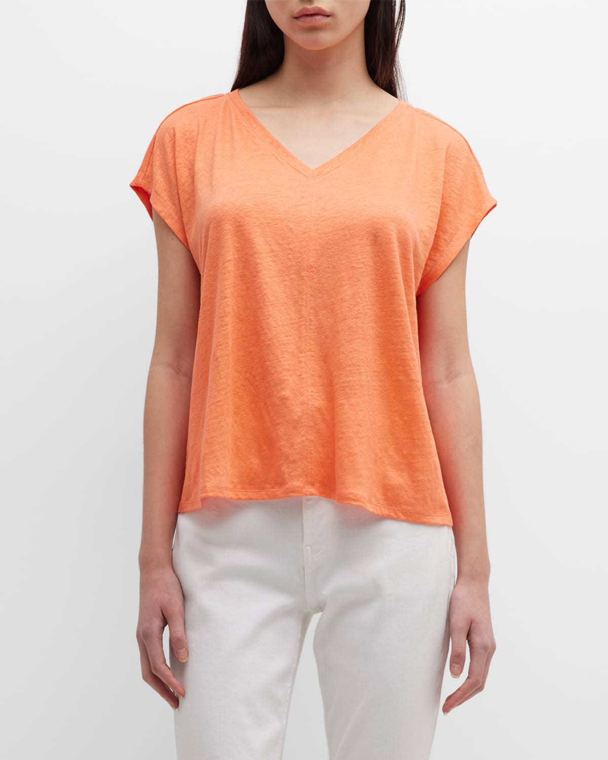 Eileen Fisher V-neck Short-sleeve Organic Linen Tee In Guava