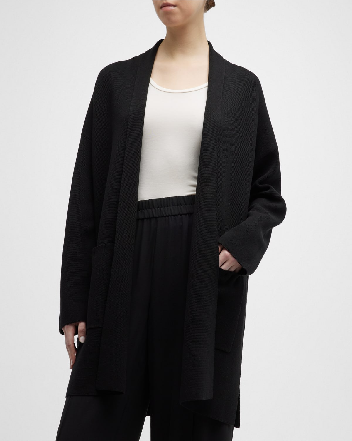 Eileen Fisher Shawl-collar Side-slit Silk-cotton Cardigan In Black